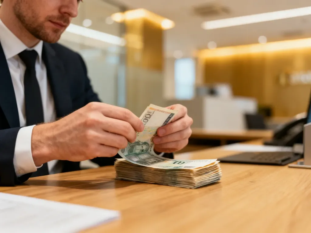 Mężczyzna przelicza plik banknotów na biurku w profesjonalnym biurze, co ilustruje temat limitów płatności gotówką.