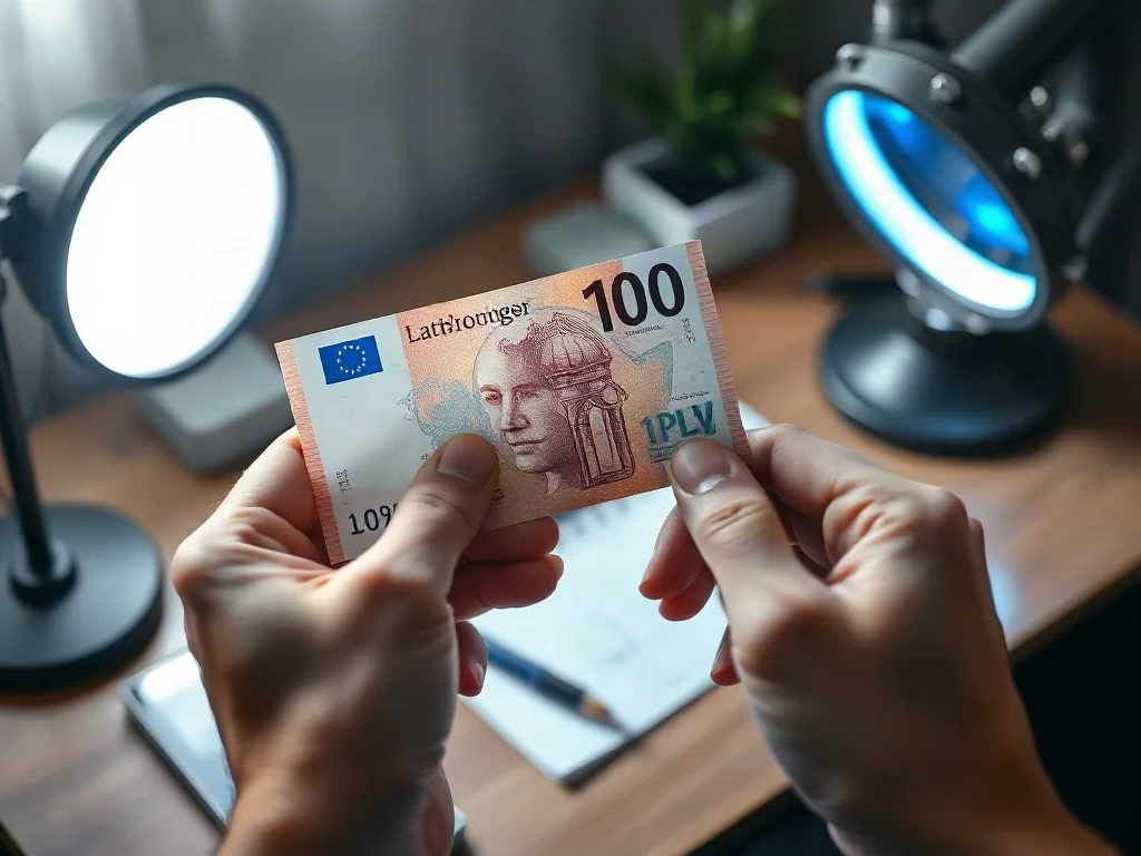 Mężczyzna sprawdza autentyczność banknotu 100 zł, podświetlając go w celu weryfikacji znaku wodnego.