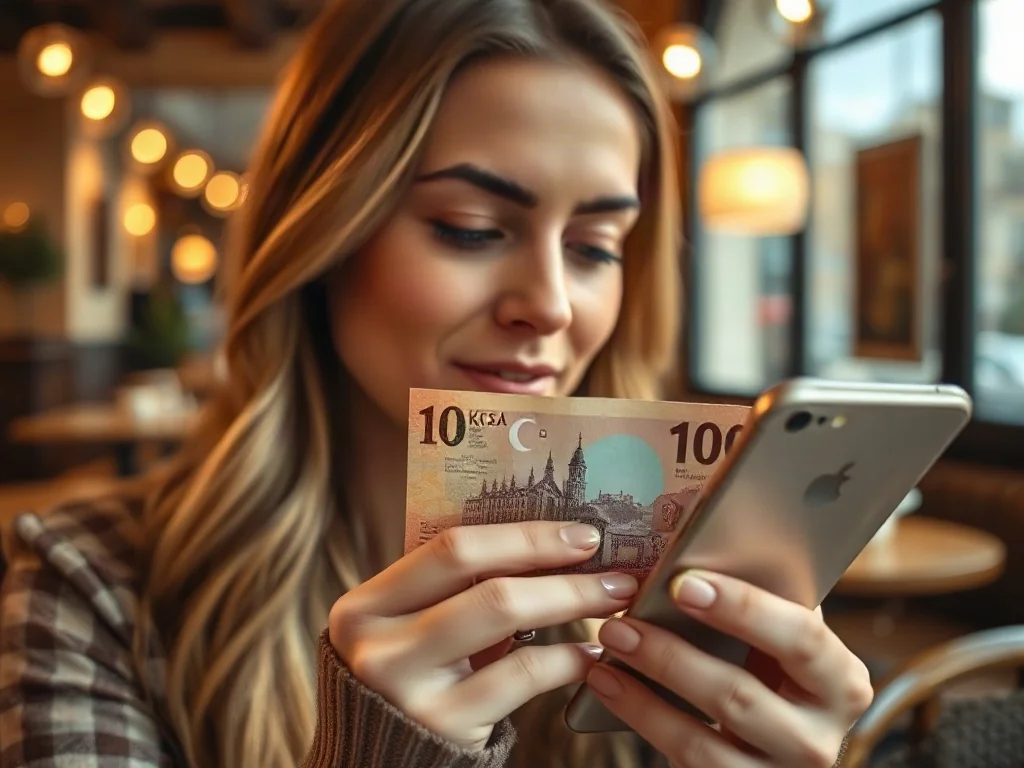 Kobieta sprawdza w aplikacji mobilnej kurs wymiany liry tureckiej na złotówki, siedząc w przytulnej kawiarni.