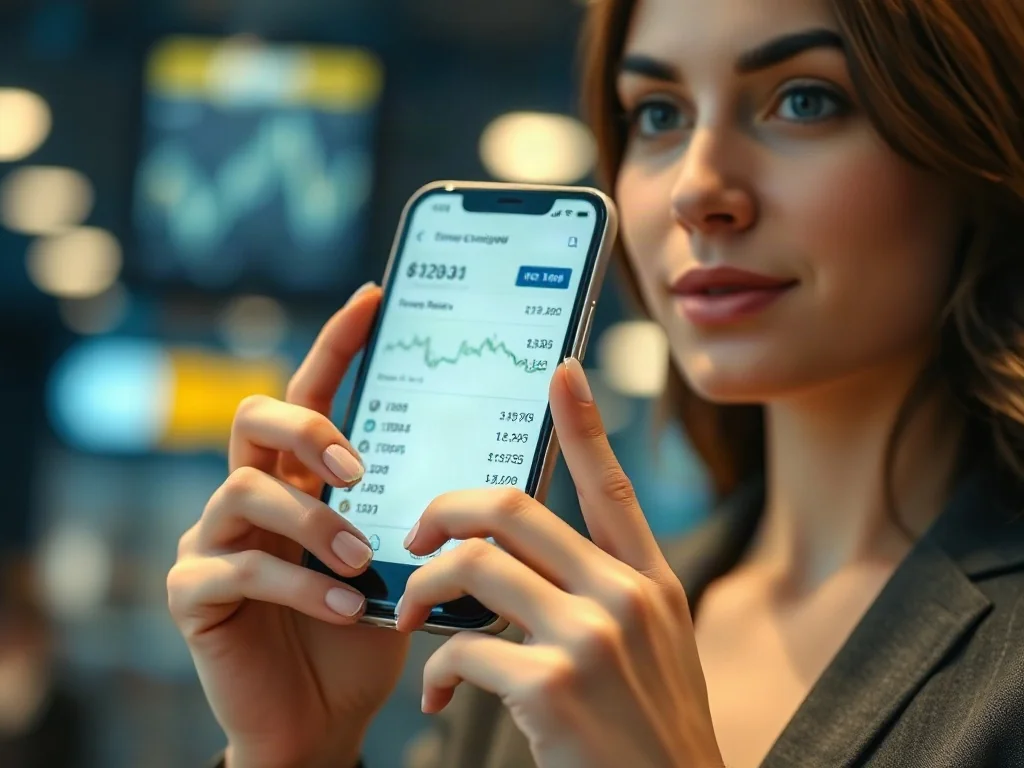 Kobieta trzymająca smartfon z aplikacją do wymiany walut na tle bankowego wnętrza.