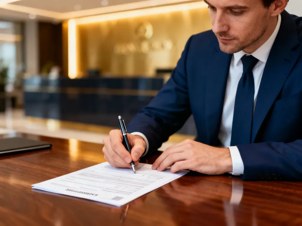 Mężczyzna podpisujący dokument finansowy w profesjonalnym biurze, co ilustruje proces realizacji inkasa.