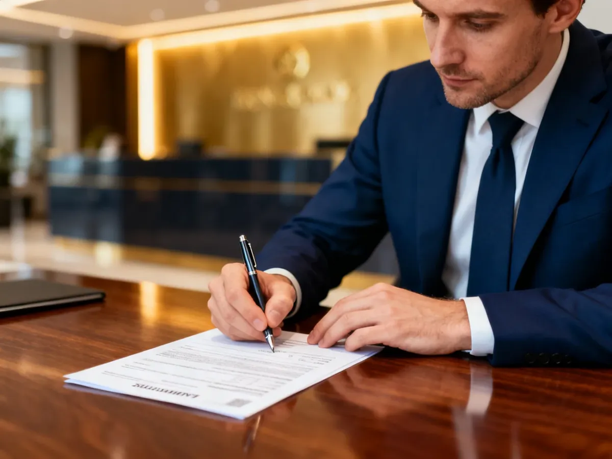 Mężczyzna podpisujący dokument finansowy w profesjonalnym biurze, co ilustruje proces realizacji inkasa.
