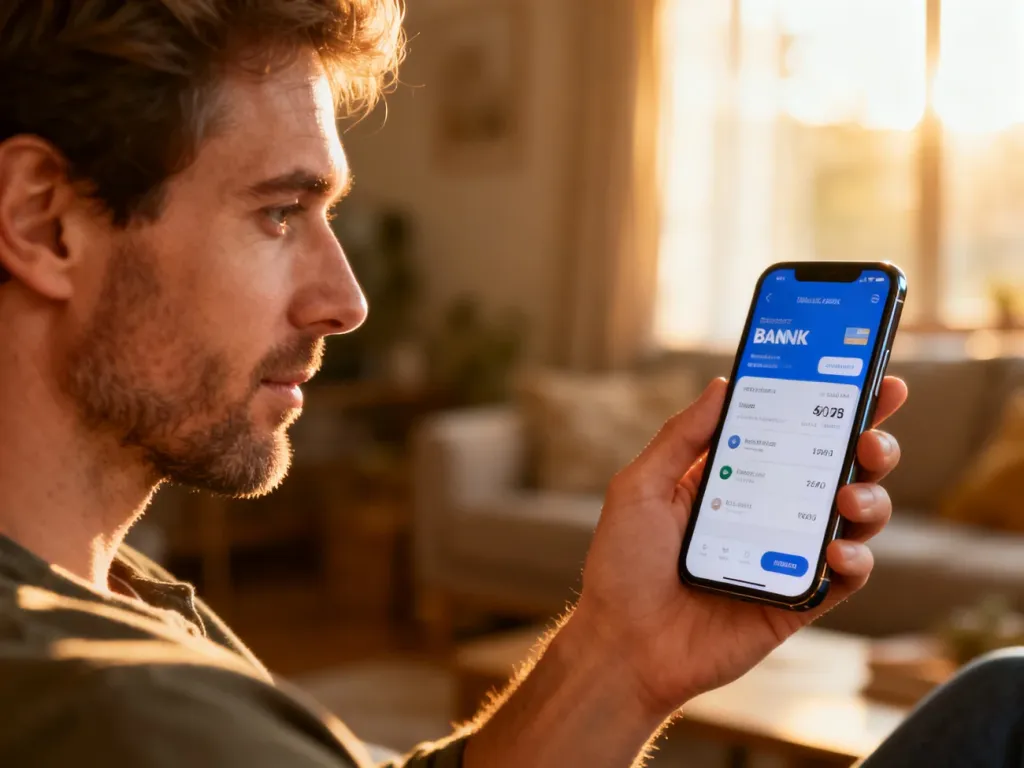 Mężczyzna z uwagą sprawdza aplikację bankową na smartfonie w słoneczny weekendowy poranek.