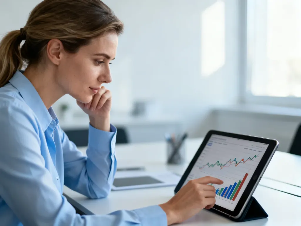 Profesjonalistka analizująca wykresy finansowe na tablecie w nowoczesnym biurze.