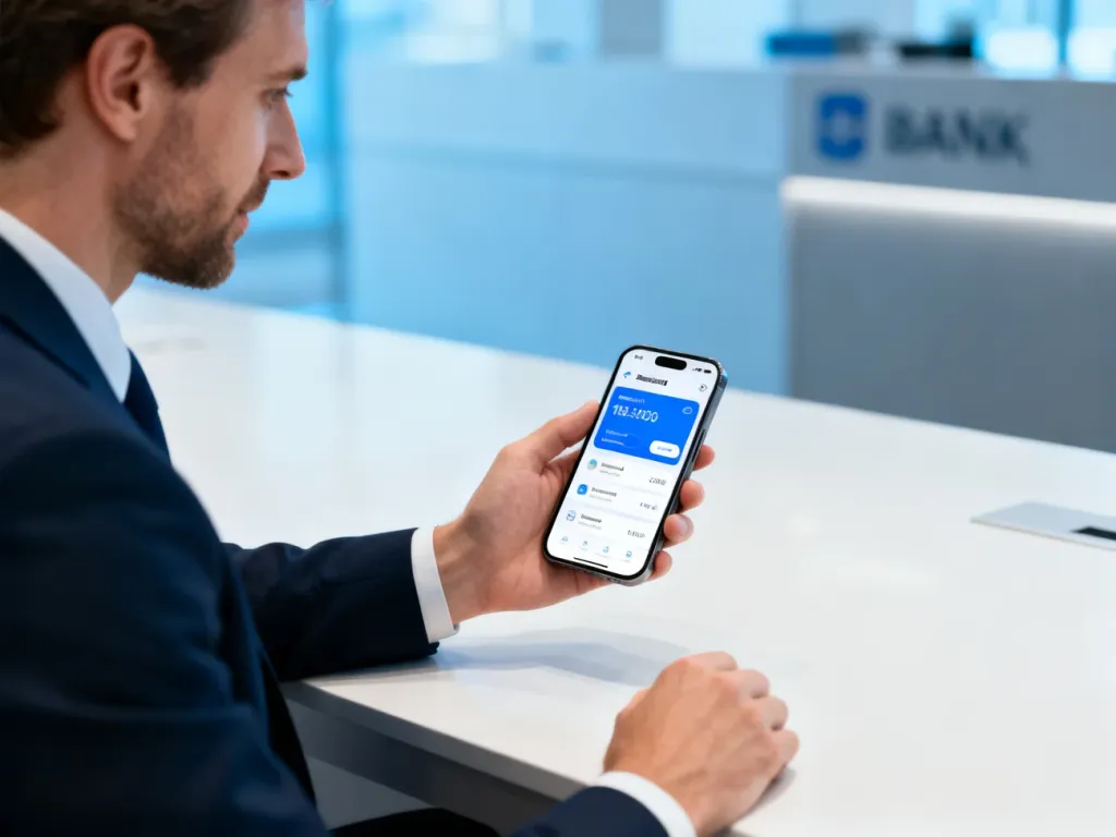 Pracownik banku korzystający z aplikacji mobilnej na smartfonie w nowoczesnym biurze.