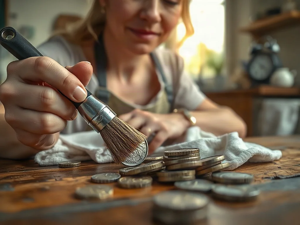 Kobieta czyści starą, zaśniedziałą monetę za pomocą miękkiej szczoteczki i ściereczki na drewnianym stole.