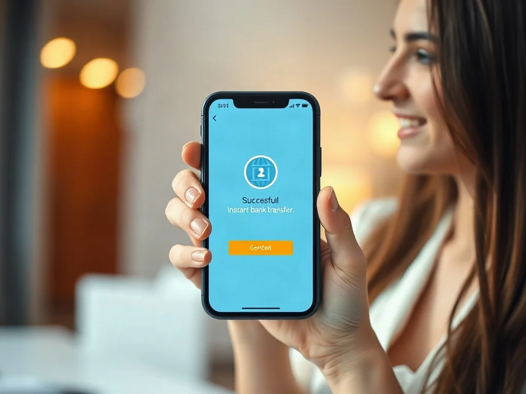 Dłoń trzymająca smartfon z potwierdzeniem wykonania przelewu natychmiastowego na ekranie w nowoczesnym biurze.