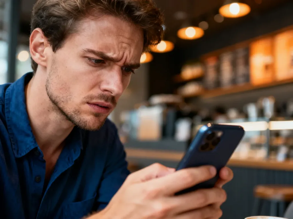 Mężczyzna w kawiarni z frustracją patrzy na ekran smartfona, co ilustruje problem z płatnością mobilną.