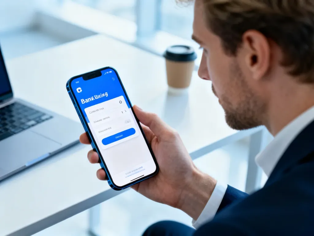 Mężczyzna korzystający z aplikacji bankowej na smartfonie w nowoczesnym biurze.