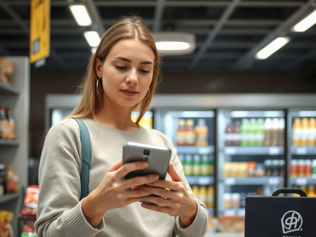 Kobieta płacąca smartfonem przy kasie w sklepie Żabka, ilustrująca proces realizacji płatności mobilnych.