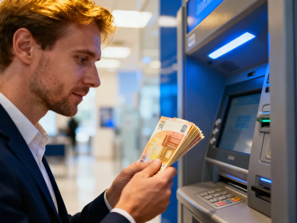 Mężczyzna trzymający plik banknotów euro przed nowoczesnym bankomatem w jasnym wnętrzu banku.