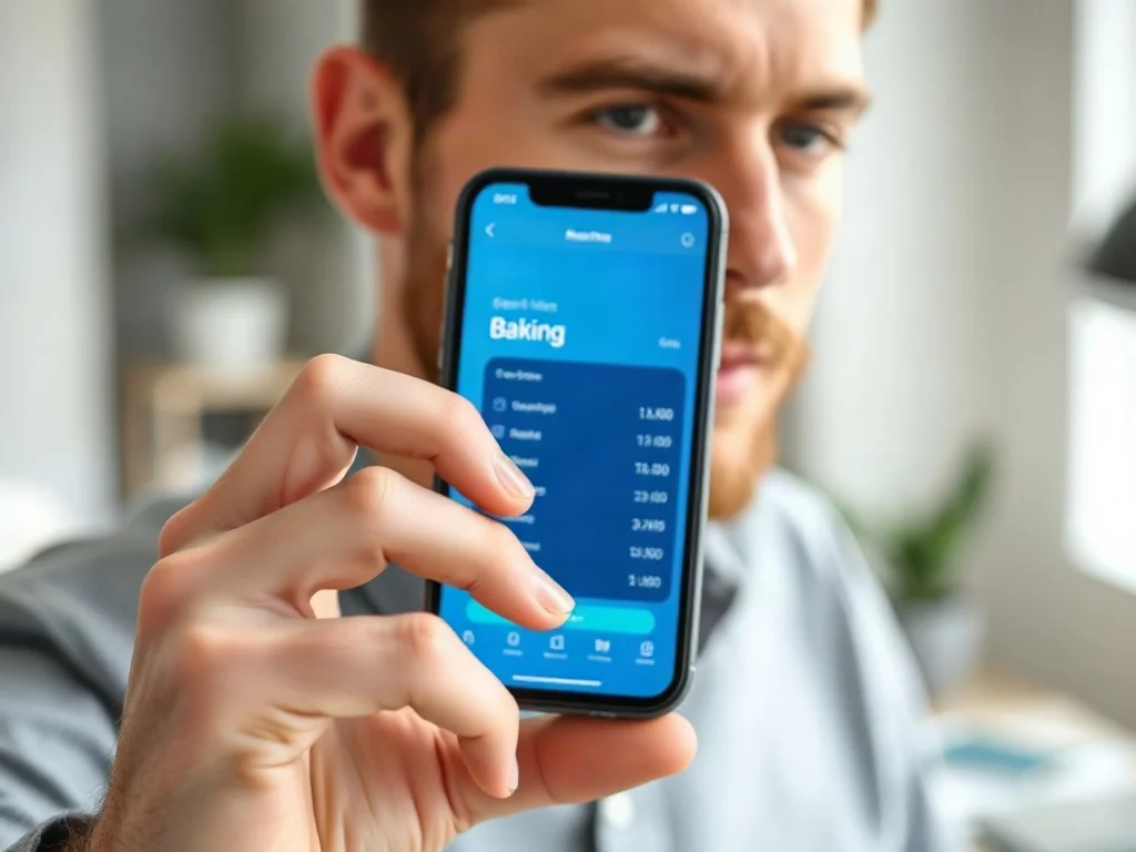 Mężczyzna trzyma smartfon z otwartą aplikacją bankową, co ilustruje proces wykonywania przelewu online.