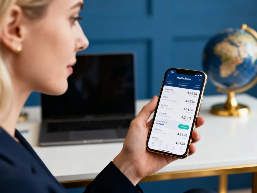 Kobieta korzystająca z aplikacji bankowej na smartfonie, sprawdzająca aktualne kursy walut w domowym biurze.
