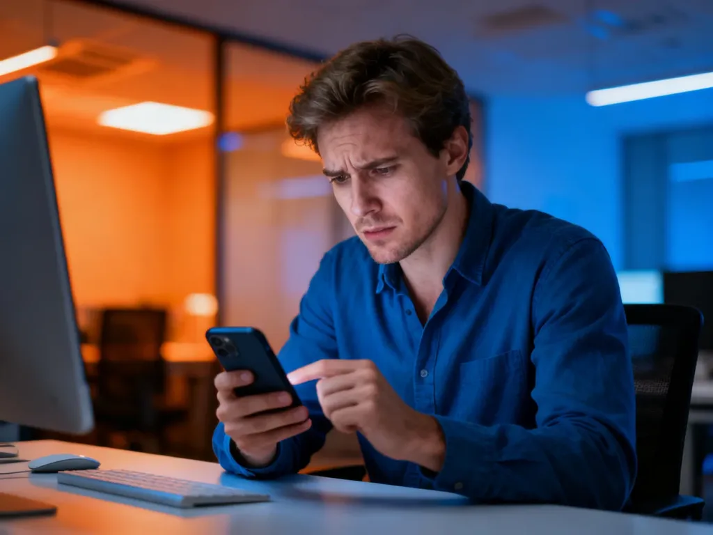 Zaniepokojony mężczyzna patrzący na ekran smartfona przy biurku, ilustrujący problem z niedochodzącym przelewem.
