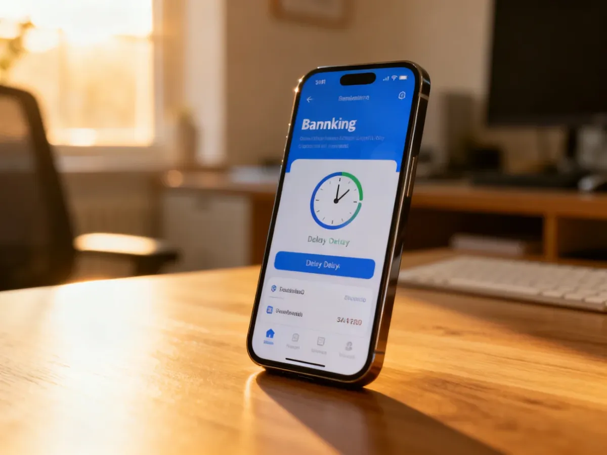 Smartfon z aplikacją bankową na drewnianym biurku, symbolizujący oczekiwanie na przelew w weekend.