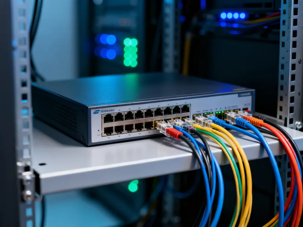 Profesjonalny switch sieciowy z uporządkowanymi kablami Ethernet w nowoczesnej serwerowni.
