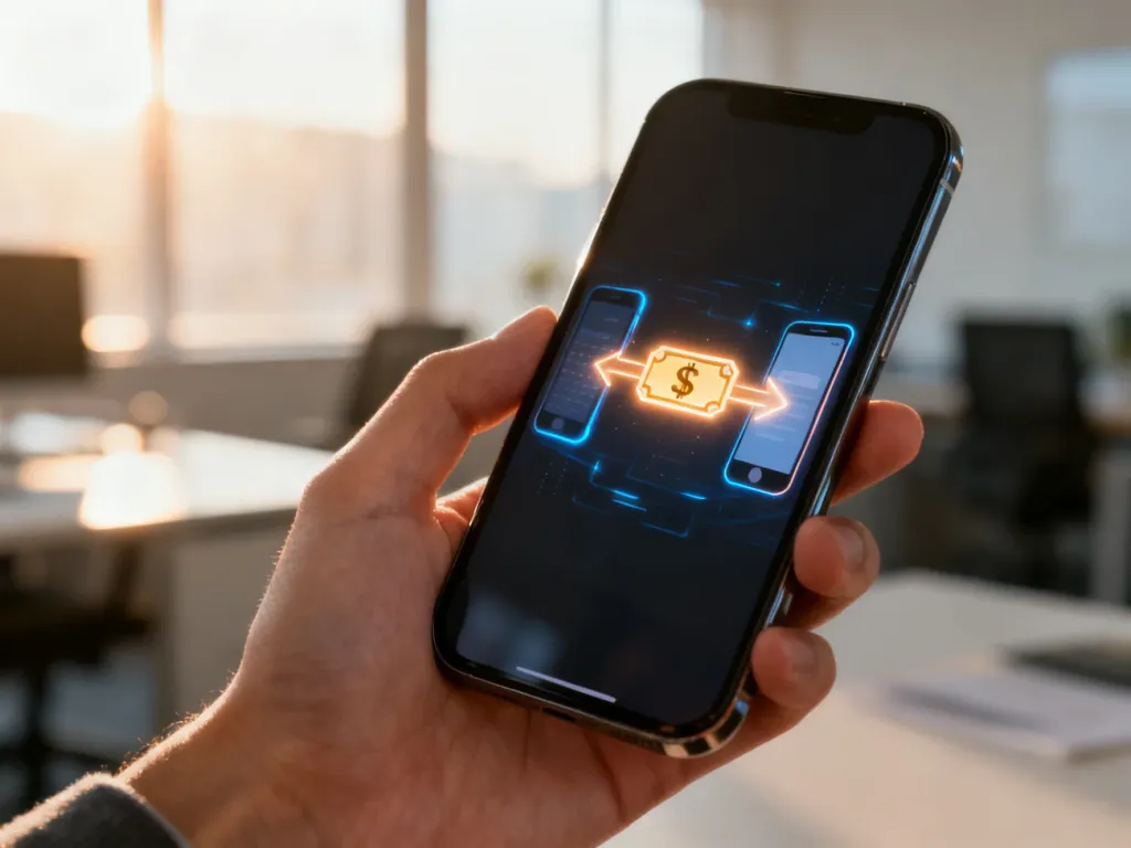 Dłoń trzymająca smartfon z animacją cyfrowego przelewu pieniędzy, symbolizującą szybkie płatności mobilne.