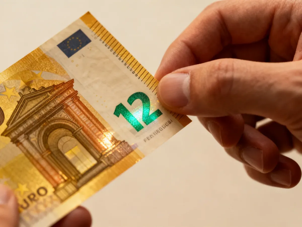 Banknot euro przechylany w celu sprawdzenia hologramu i zmiany koloru