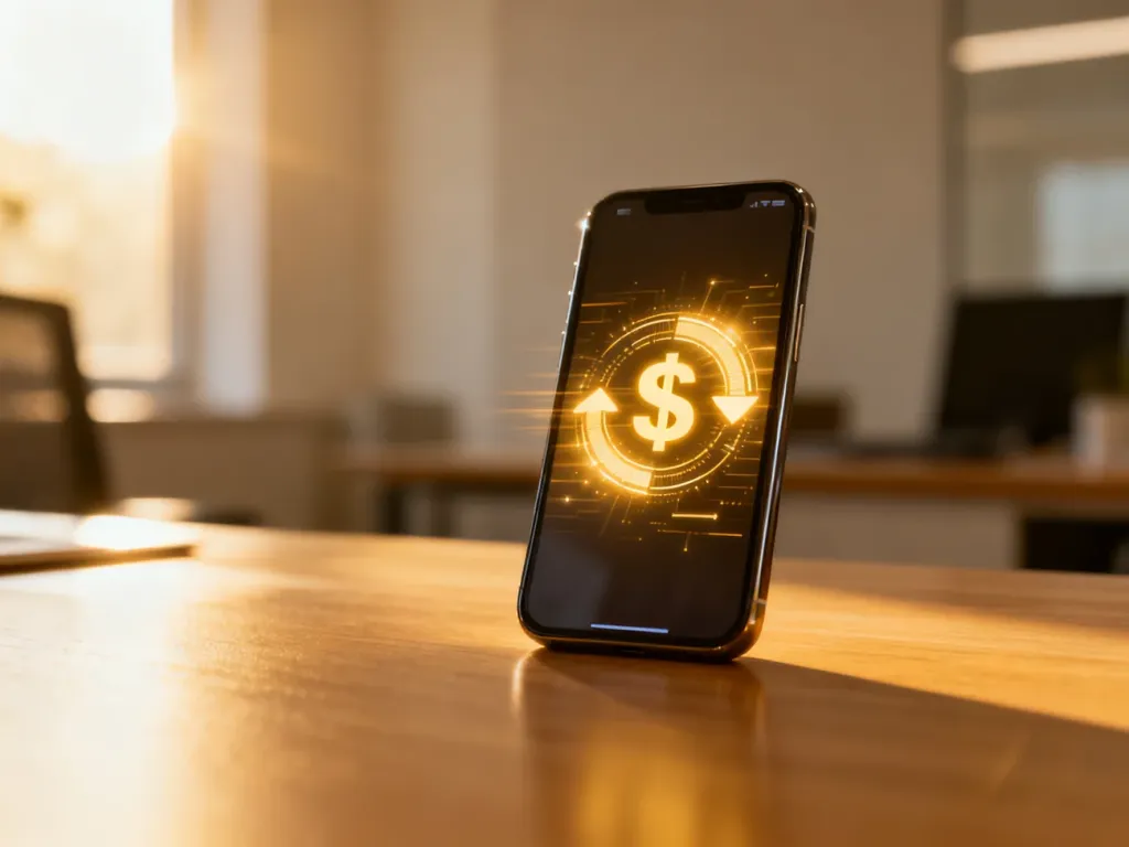 Smartfon z ikoną cyfrowego przelewu na ekranie, symbolizujący szybkość i nowoczesność płatności Express Elixir.