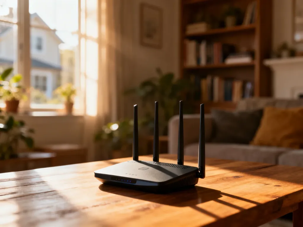 Nowoczesny router bezprzewodowy ustawiony na drewnianym stole w przytulnym, nasłonecznionym salonie.