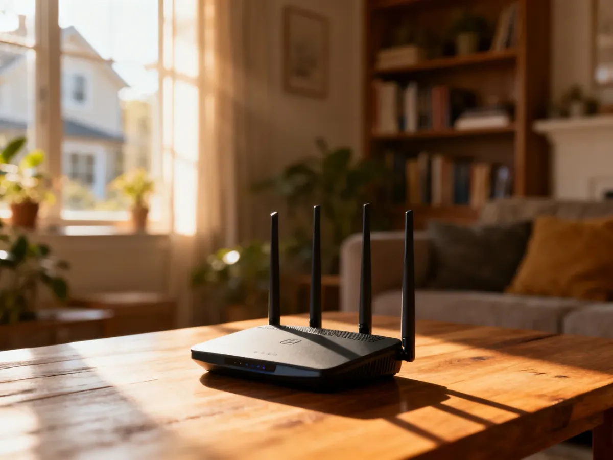 Nowoczesny router bezprzewodowy ustawiony na drewnianym stole w przytulnym, nasłonecznionym salonie.