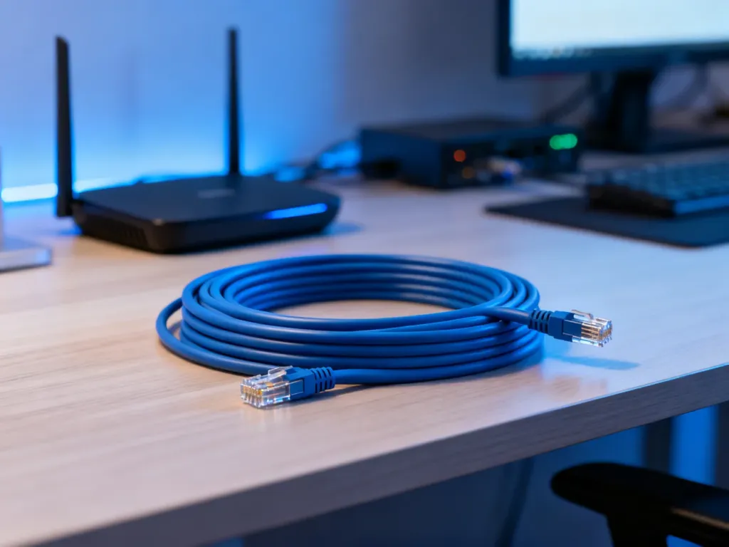 Zwinięty kabel Ethernet kategorii 6 na drewnianym biurku w nowoczesnym biurze domowym.