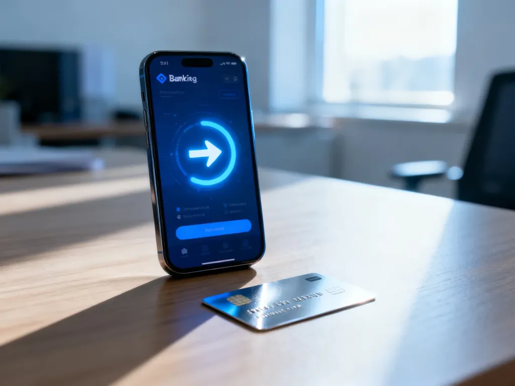 Smartfon z aplikacją bankową i karta płatnicza na biurku, symbolizujące proces wykonywania przelewu bankowego.