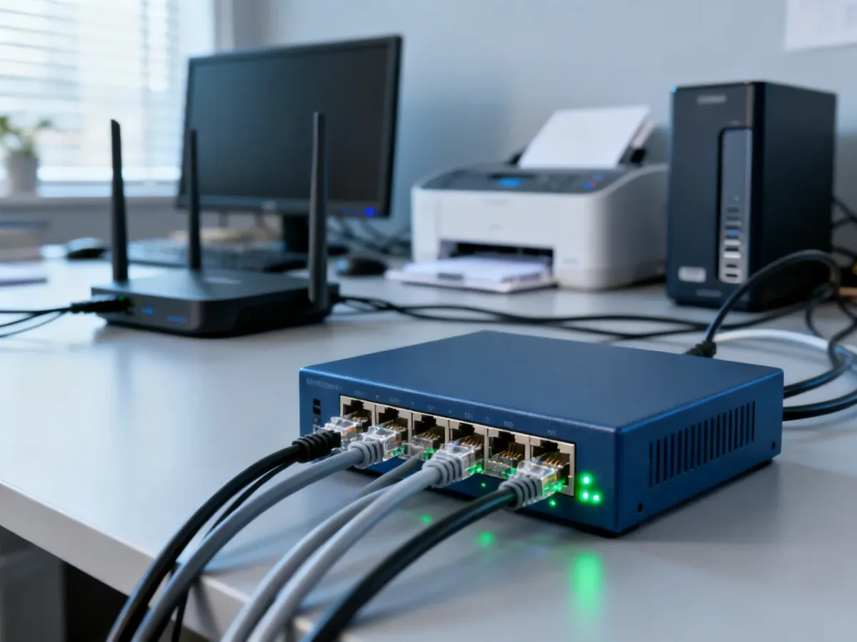 Switch Ethernet z podłączonymi przewodami w domowej sieci