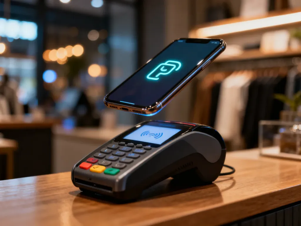 Zbliżenie na terminal płatniczy i smartfon z ikoną płatności, ilustrujące proces płacenia BLIK-iem w sklepie.