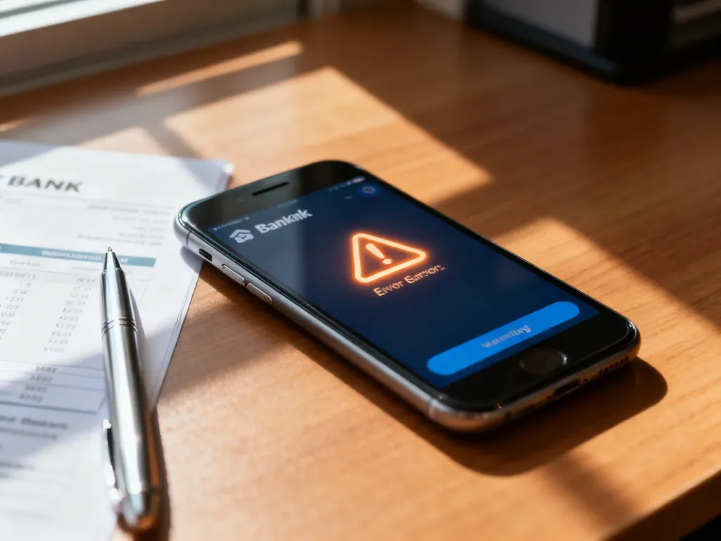 Smartfon z aplikacją bankową wyświetlającą powiadomienie o błędzie, leżący na biurku obok wyciągu bankowego.