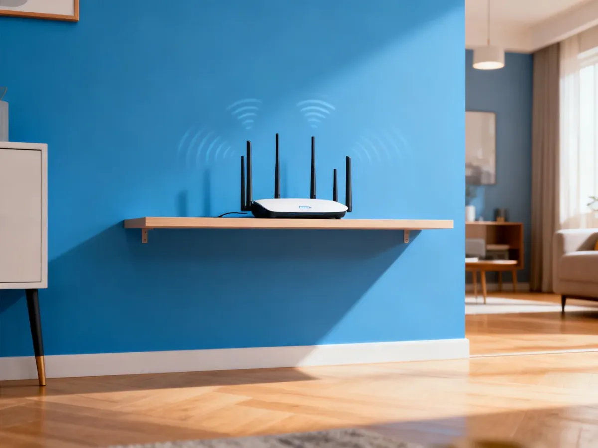 Router ustawiony centralnie na otwartej półce z odpowiednio ustawionymi antenami