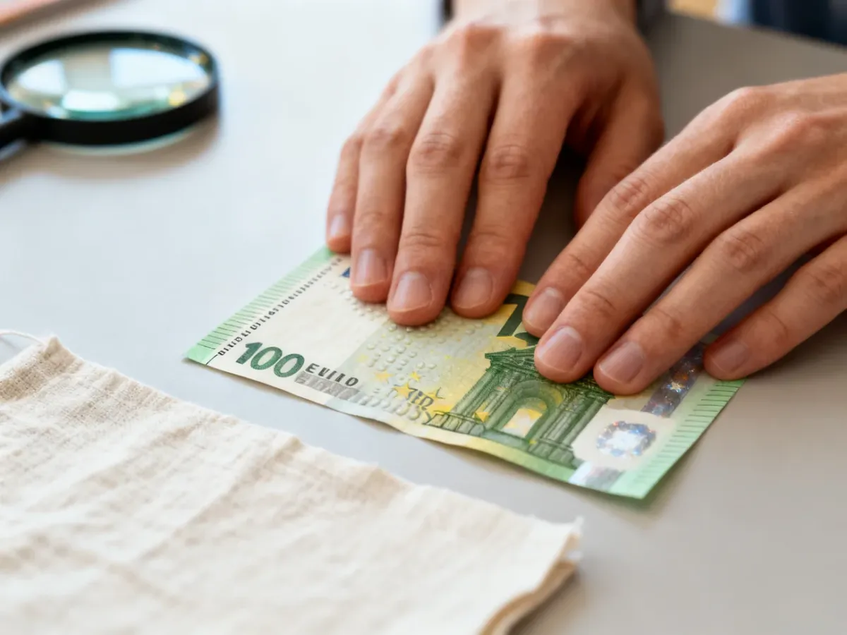 Dłonie sprawdzające wypukły druk i fakturę banknotu euro