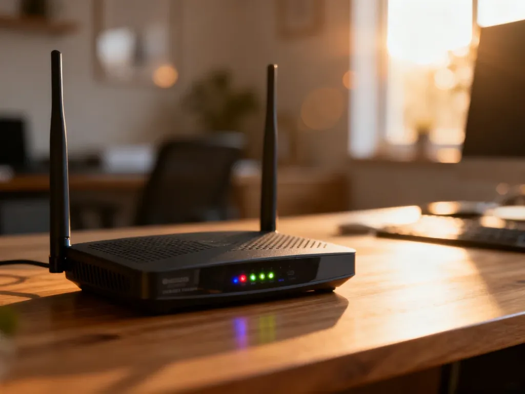 Nowoczesny router bezprzewodowy z migającymi diodami na drewnianym biurku w domowym biurze.