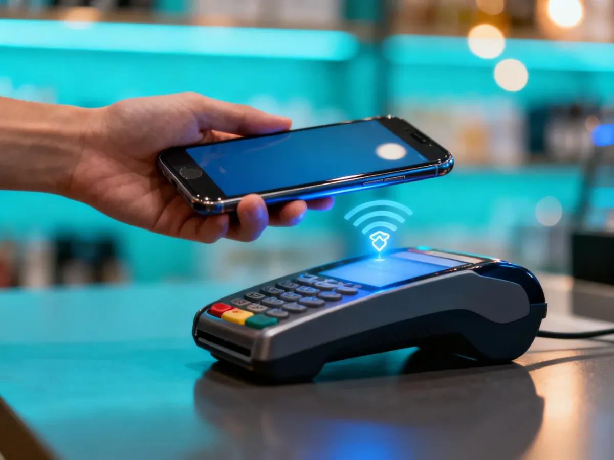 Smartfon zbliżony do terminala płatniczego podczas transakcji NFC