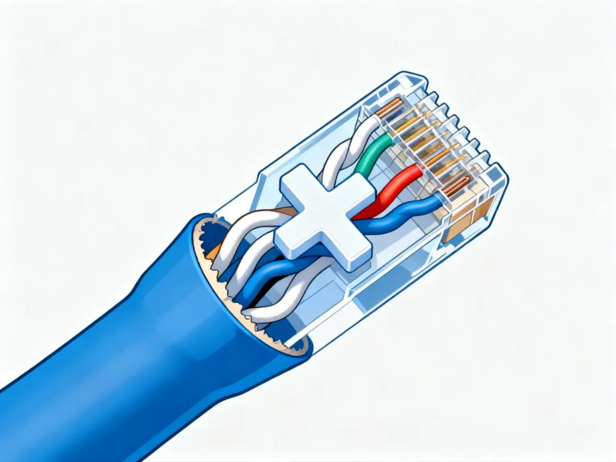 Przekrój kabla Cat 6 z czterema parami skręconych przewodów i separatorem krzyżowym