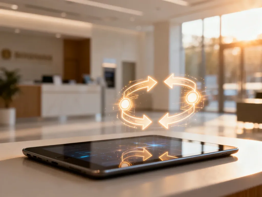 Tablet z animacją transferu finansowego na tle nowoczesnego wnętrza banku, symbolizujący szybkość przelewów międzybankowych.
