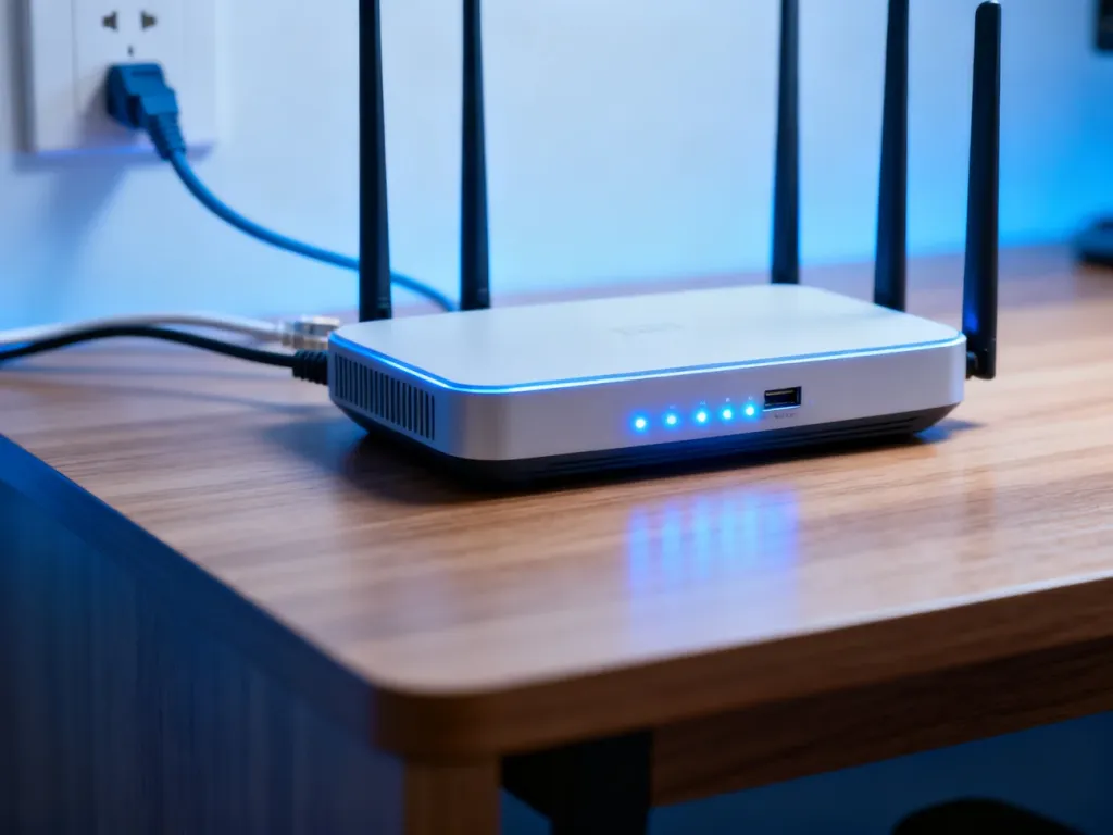 Nowoczesny router bezprzewodowy z świecącymi diodami LED na drewnianym biurku, z kablem sieciowym w tle.