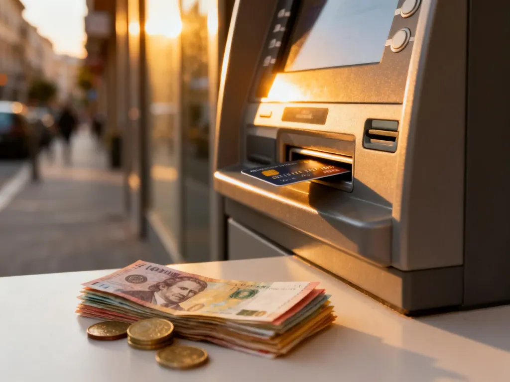 Karta bankomatowa wsuwana do czytnika, obok której leżą gotówka i monety na tle rozmytego miejskiego krajobrazu.