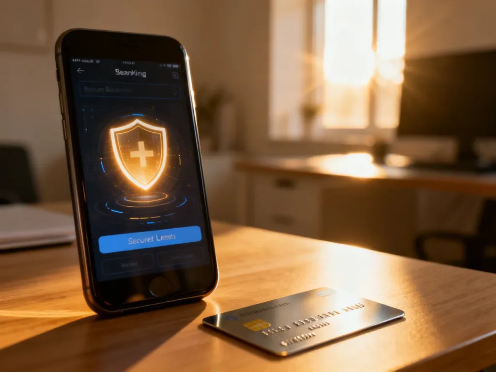 Smartfon z ekranem ustawień limitów bankowych oraz karta płatnicza na biurku, symbolizujące bezpieczne płatności BLIK.